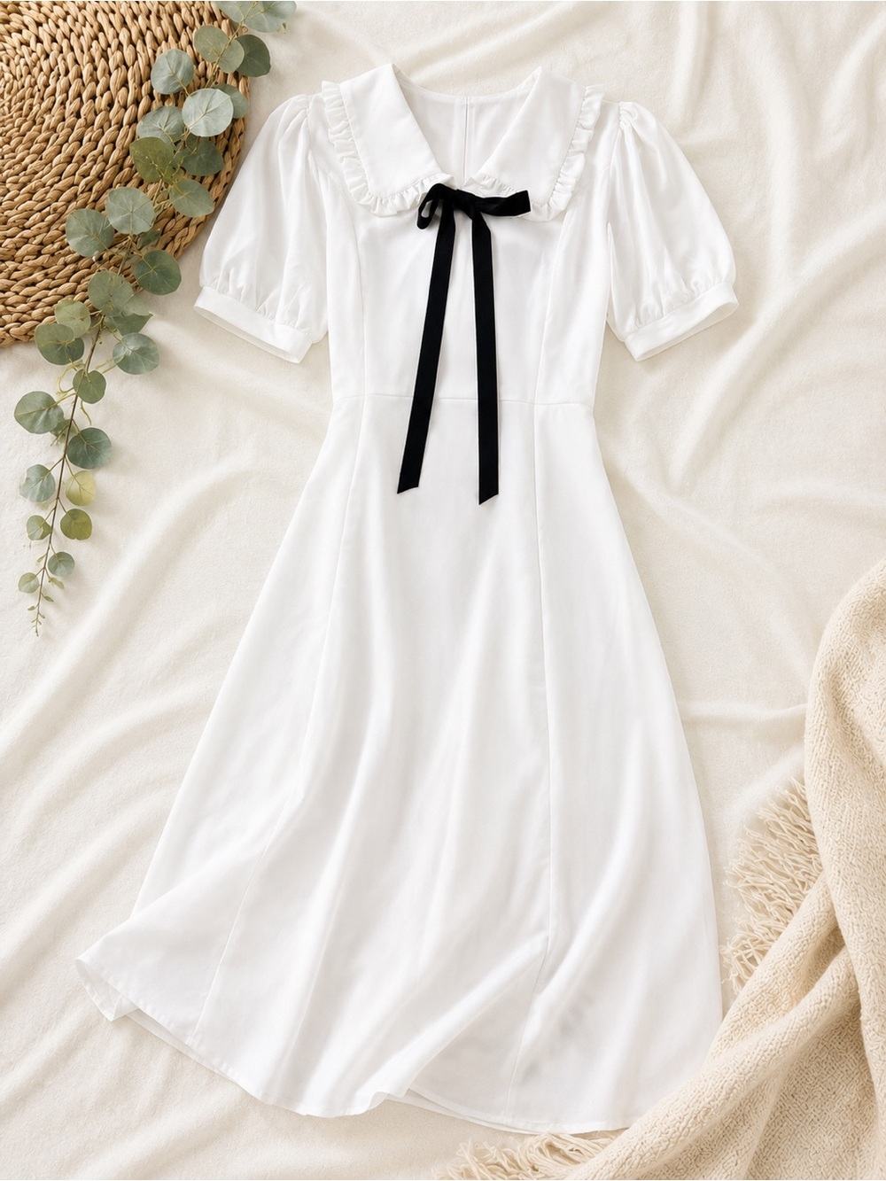 Commense White Collared Midi Dress Black Bow Puff Sleeve Coquette Dollcore